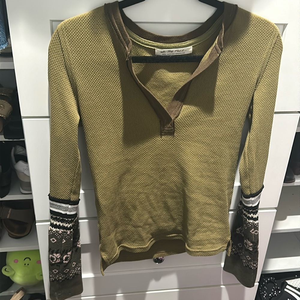 Free People Mikah Tee Olive Green Long Sleeve Top with Patterned Cuffs